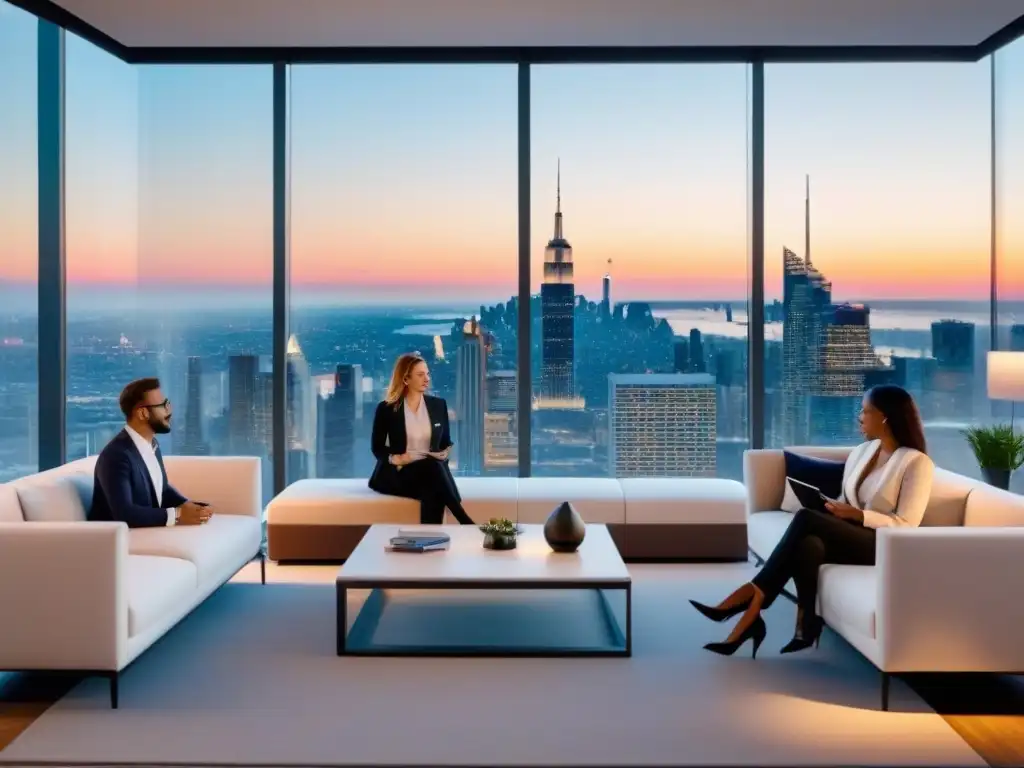 Inversiones inmobiliarias internacionales: Millennials en acción Inversión inmobiliaria internacional para Millennials: Grupo diverso de jóvenes discutiendo oportunidades en moderna oficina al anochecer