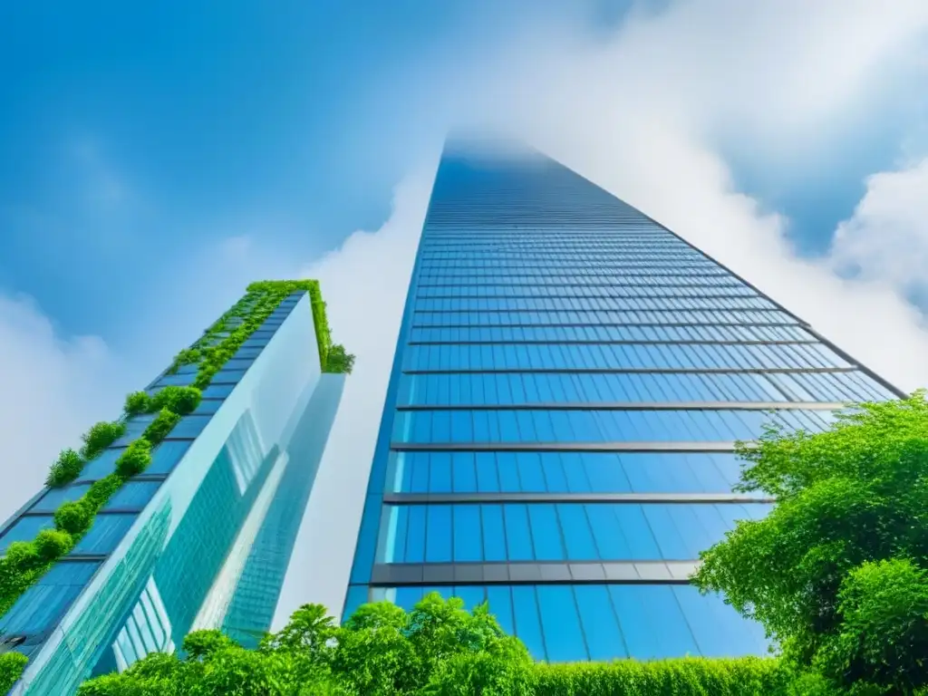 Inversión inmobiliaria sostenible: rascacielos moderno en entorno verde Inversión inmobiliaria internacional con incentivos fiscales: rascacielos moderno rodeado de naturaleza exuberante