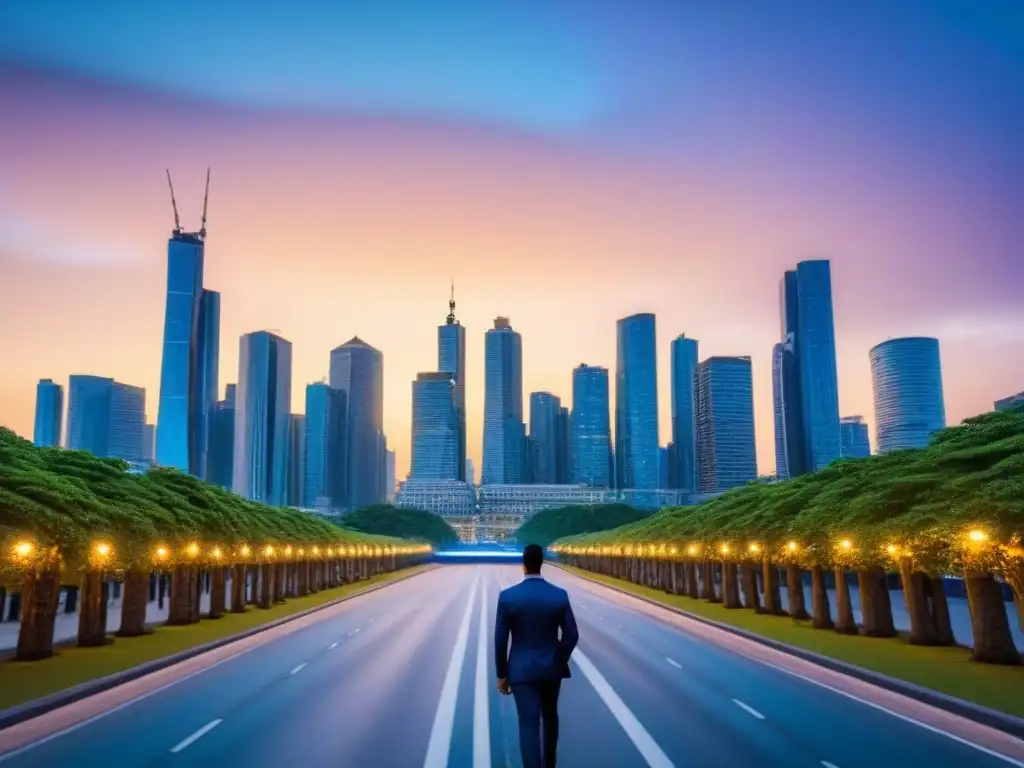 Inversión inmobiliaria internacional: skyline urbano al atardecer Inversión inmobiliaria internacional para inversores: Modernos rascacielos iluminados en la ciudad al anochecer