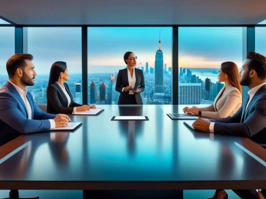 Inversionistas globales discuten propiedades inmobiliarias en holograma futurista Inversión inmobiliaria internacional: inversores en reunión futurista, discutiendo propiedades en holograma