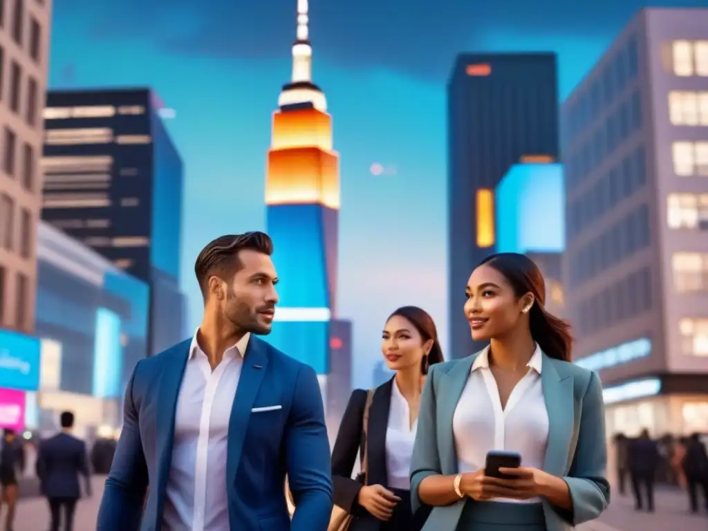 Metrópolis nocturna: Millennials en la ciudad del futuro Inversión inmobiliaria internacional para Millennials: Jóvenes profesionales caminan de noche entre rascacielos iluminados y arquitectura moderna