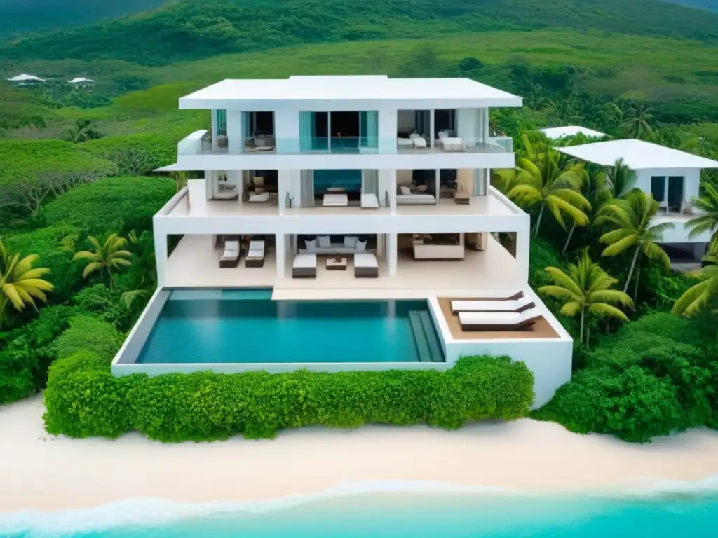 Villa de lujo frente al mar en el Caribe Inversión inmobiliaria internacional en el Caribe: lujosa villa frente a la playa con diseño moderno y exclusivo en entorno tropical paradisíaco