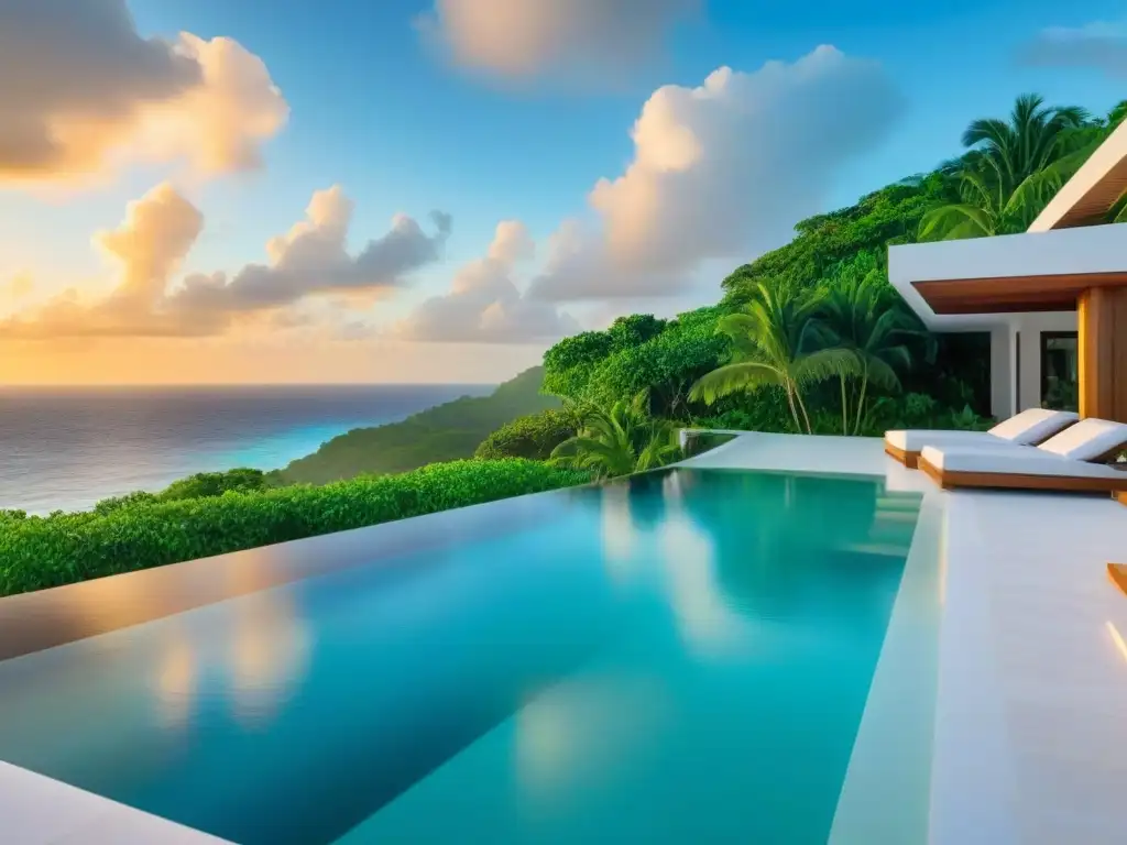 Propiedad de lujo en el Caribe: moderna, exclusiva y con vistas al mar Inversión inmobiliaria internacional en el Caribe: lujosa propiedad frente al mar con diseño moderno y exclusivas vistas al océano al atardecer