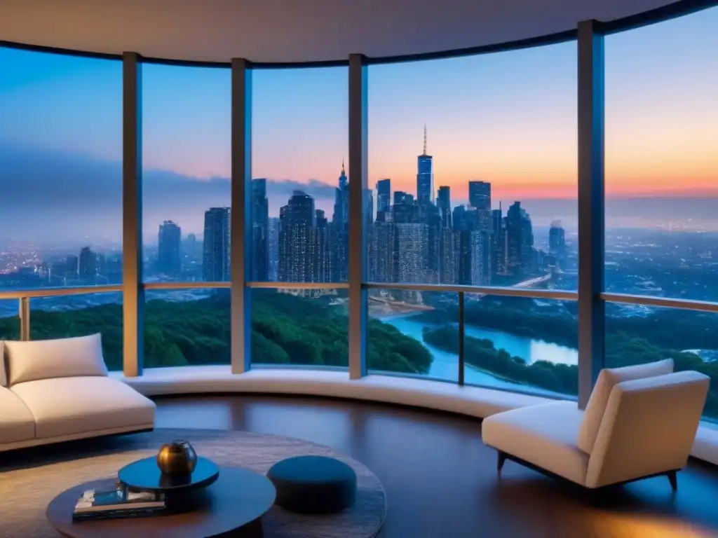 Condominio de lujo: modernidad y elegancia en ciudad vibrante Inversión inmobiliaria internacional: lujoso complejo de condominios con diseño elegante y vista panorámica de la ciudad al anochecer