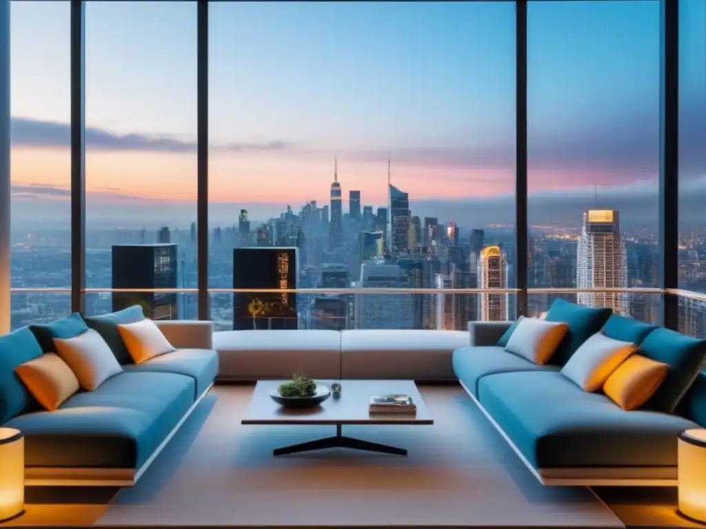 Penthouse de lujo con diseño moderno y vibrante ciudad de fondo Inversión inmobiliaria internacional influencers: Lujoso ático moderno con vista a una ciudad vibrante y elegante diseño interior