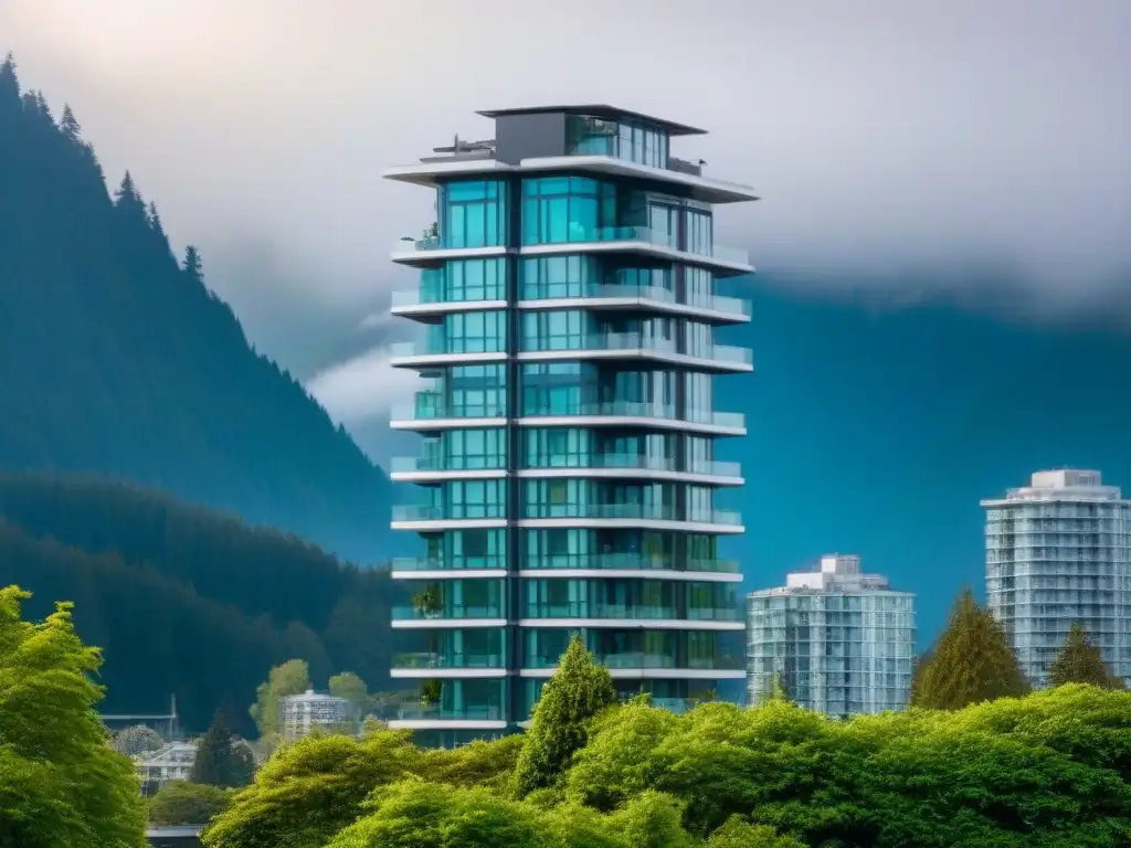 Condominio de lujo en Vancouver: la esencia del urbanismo moderno Inversión inmobiliaria internacional en Canadá: lujoso rascacielos en Vancouver con vista a montañas nevadas y exuberante vegetación urbana