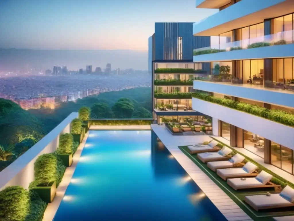 Condominio de lujo en CDMX: modernidad y exclusividad Inversión inmobiliaria internacional en México: Lujoso complejo de condominios en CDMX con diseño moderno, vegetación exuberante y vistas urbanas