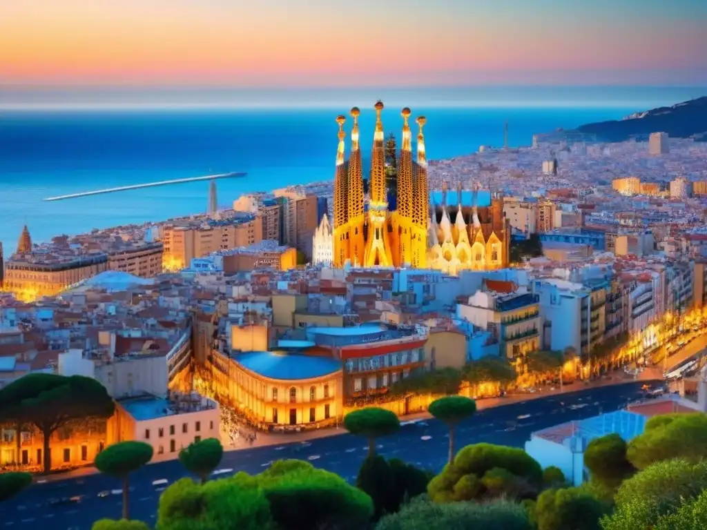 Panorámica detallada de Barcelona con atardecer vibrante Inversión inmobiliaria internacional en Barcelona: majestuoso atardecer sobre la ciudad con sus emblemáticos edificios y el mar Mediterráneo al fondo