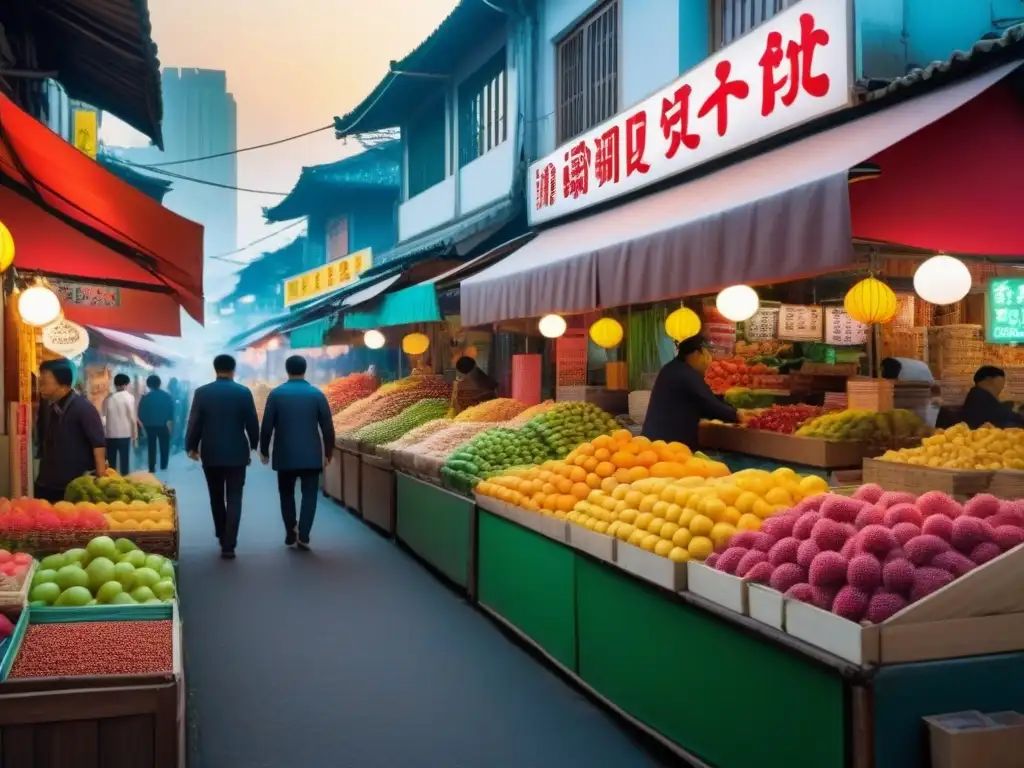 Mercado asiático vibrante: frutas exóticas, comida callejera y artesanías Inversión inmobiliaria internacional en Asia: Mercado asiático vibrante con puestos de frutas, comida callejera y artesanías