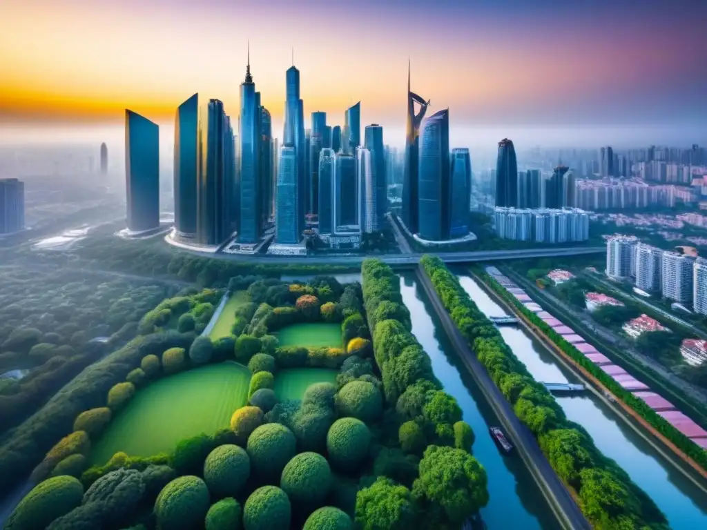 Horizonte urbano: modernidad y naturaleza en crecimiento Inversión inmobiliaria internacional en mercados emergentes: Ciudad moderna con rascacielos y vegetación, iluminada por la puesta de sol