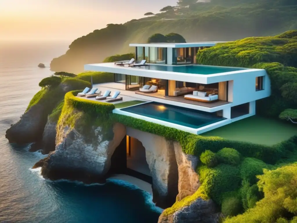 Mansión de lujo en acantilado con piscina infinita y vistas al mar Inversión inmobiliaria internacional influencers: Mansión moderna en acantilado con vista al mar y piscina infinita al atardecer