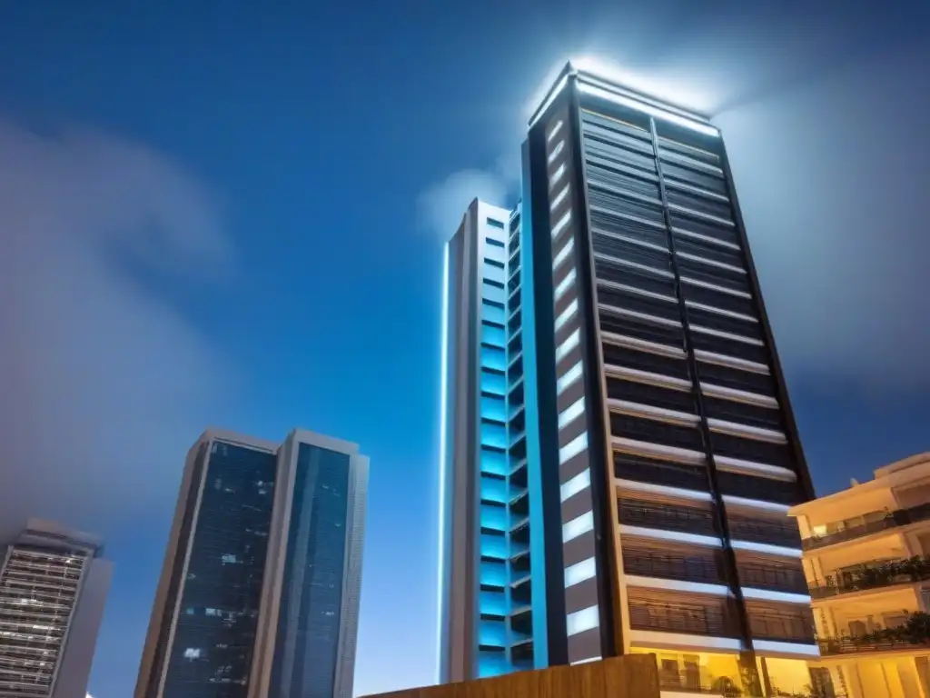 Edificio de lujo con sistema de seguridad sofisticado Inversión inmobiliaria internacional: moderno edificio con sistema de seguridad sofisticado y guardias patrullando de noche
