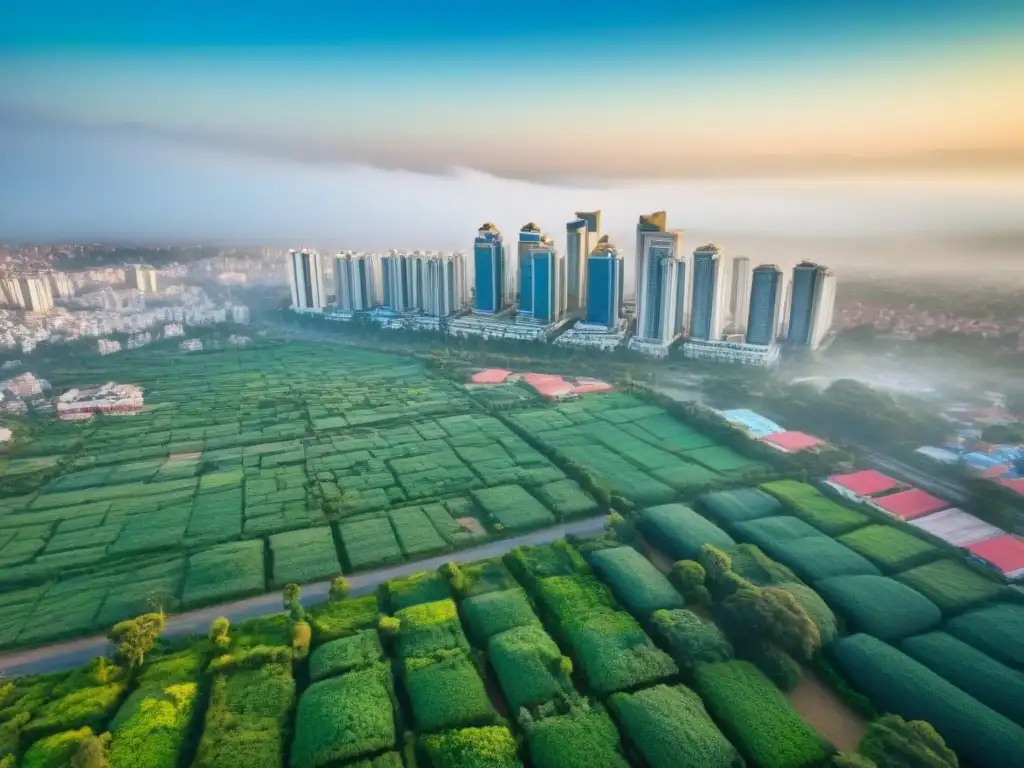 Esplendor urbano: rascacielos y naturaleza en Bangalore Inversión inmobiliaria internacional en Bangalore: Modernos rascacielos y exuberante vegetación en la ciudad india