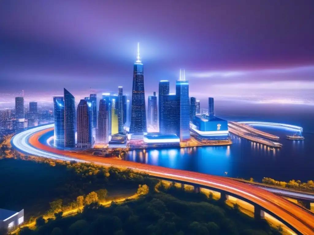 Inversión inmobiliaria internacional Norteamérica: Futurista ciudad con rascacielos, vehículos autónomos y transporte avanzado