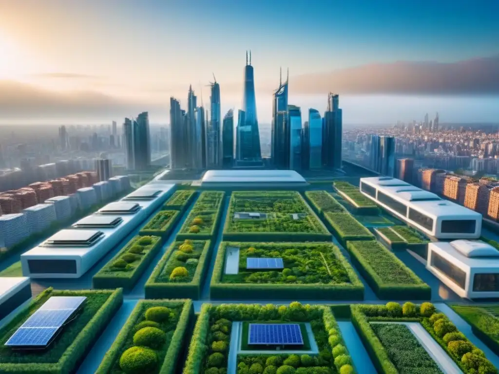Metrópolis futurista ecoamigable con edificios verdes Inversión inmobiliaria internacional políticas climáticas: Futurista ciudad eco con edificios verdes integrados
