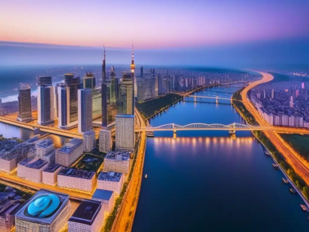 Espectacular panorama urbano al atardecer: luces, ríos y puentes Inversión inmobiliaria internacional migración precios: Ciudad nocturna con rascacielos brillantes y ríos iluminados