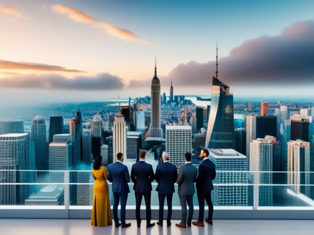 Inversionistas de real estate globales en ciudad internacional Inversión inmobiliaria internacional para principiantes: Grupo diverso de inversionistas discutiendo frente a una ciudad globalizada y vibrante