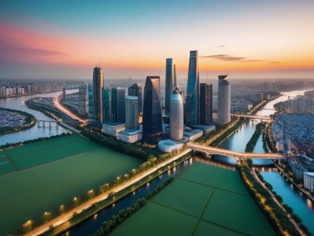 Skyline urbano al atardecer: inversión inmobiliaria internacional Inversión inmobiliaria internacional para principiantes: Ciudad internacional iluminada al anochecer, con rascacielos y edificios históricos