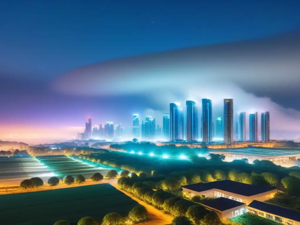 Futurismo nocturno: ciudad ultradetallada en 8k Inversión inmobiliaria internacional a prueba: Ciudad futurista con rascacielos iluminados y transporte futurista