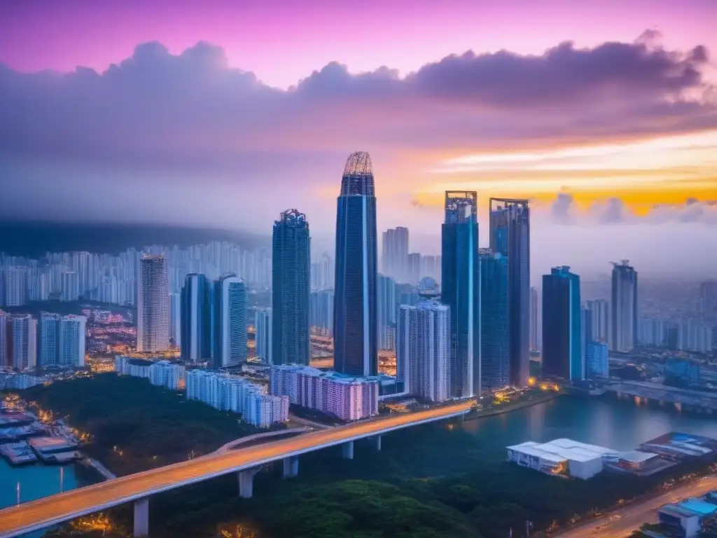 Espectacular rascacielos en Panamá durante el atardecer Inversión inmobiliaria internacional en Panamá: rascacielos moderno con cristaleras y atardecer vibrante