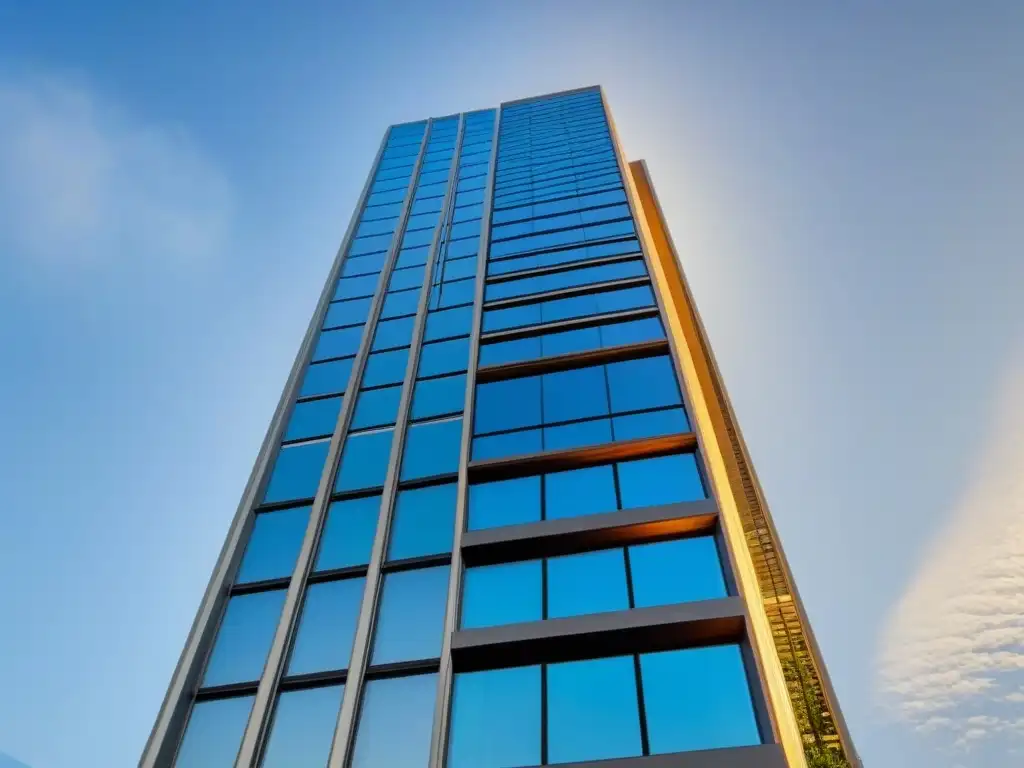 Edificio de lujo: arquitectura moderna en inversión inmobiliaria Inversión inmobiliaria internacional: rascacielos moderno con diseño sofisticado y reflejos de vidrio