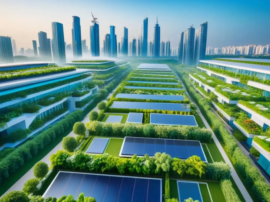 Cityscape futurista: arquitectura sostenible y verde Inversión inmobiliaria internacional: skyline futurista con rascacielos verdes, diseño sostenible