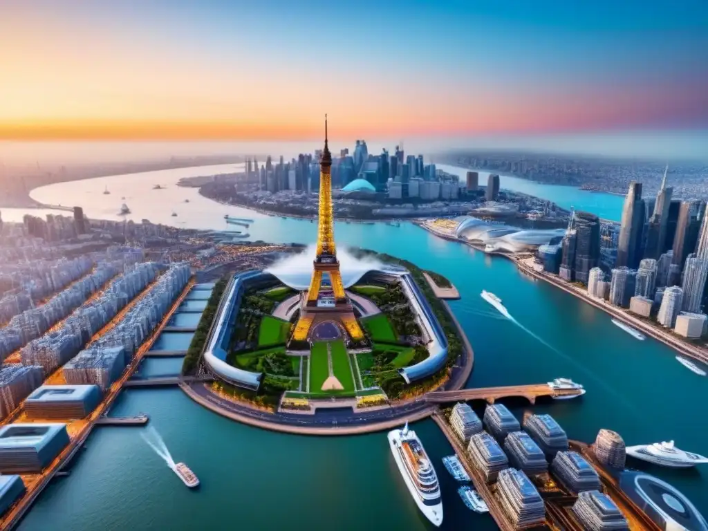 Horizonte global: íconos mundiales en una ciudad futurista Inversión inmobiliaria internacional para diversificación: un skyline global futurista con iconos mundiales y un atardecer dorado
