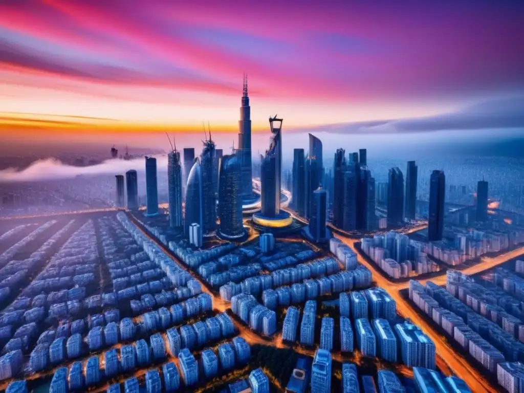 Inversiones inmobiliarias globales: ciudad futurista en atardecer Inversión inmobiliaria internacional: tendencias futuras - Ciudad futurista con rascacielos innovadores iluminados por el sol poniente