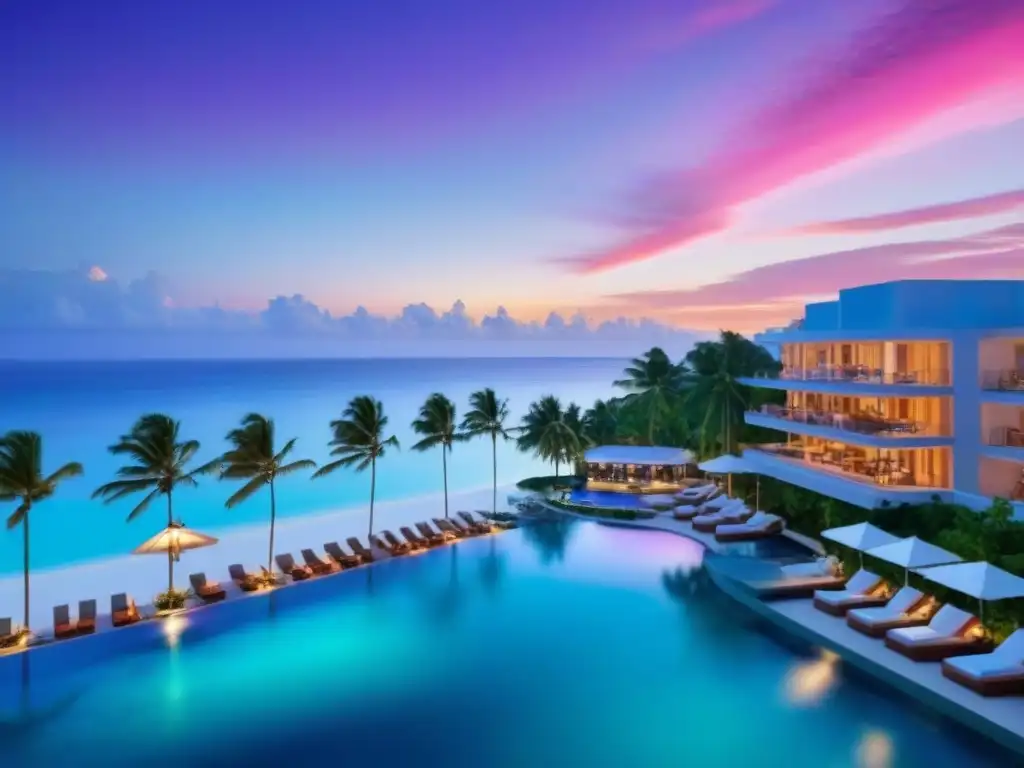 Resort de lujo frente al mar: inversión turística internacional Inversión inmobiliaria internacional turismo: Resort de lujo frente al mar con atardecer vibrante y palmeras exuberantes