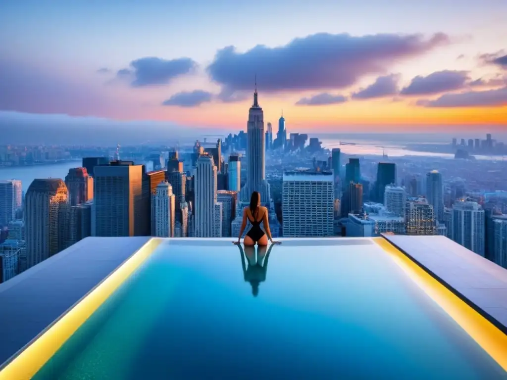 Esplendor urbano: infinity pool en rascacielos al atardecer Inversión inmobiliaria internacional turismo: Un rascacielos lujoso con piscina infinity en la azotea, mirando la ciudad al atardecer