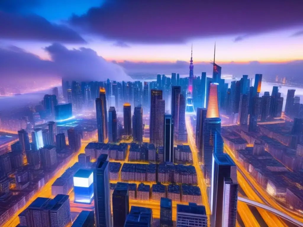 Metrópolis futurista: luces y tecnología en una ciudad vibrante Inversión inmobiliaria internacional turismo digital: Ciudad futurista con rascacielos modernos y pantallas digitales vibrantes