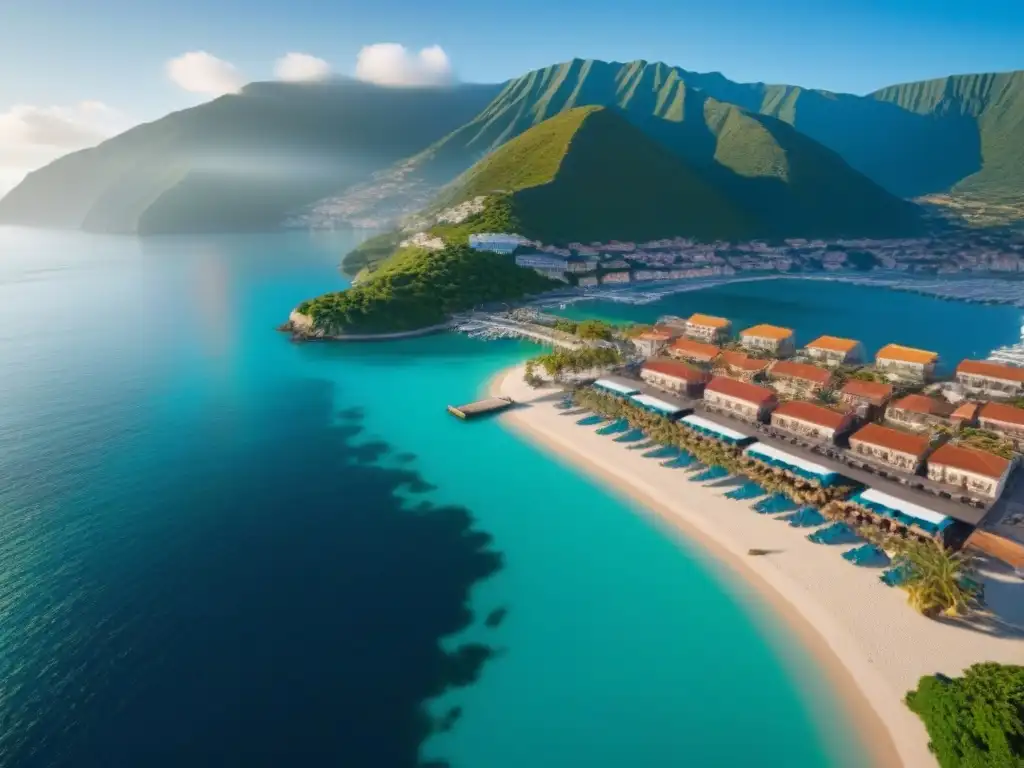 Costa tropical: ciudad costera vibrante entre mar y montañas Inversión inmobiliaria internacional turismo: Vista aérea vibrante de un pueblo costero entre aguas turquesa y montañas verdes
