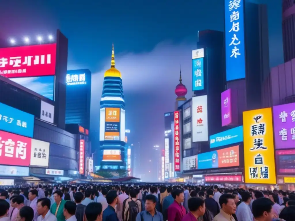 Metrópolis asiática: templos tradicionales y rascacielos modernos iluminados de noche Inversión inmobiliaria internacional en Asia: Ciudad asiática vibrante con templos tradicionales y rascacielos modernos iluminados de noche