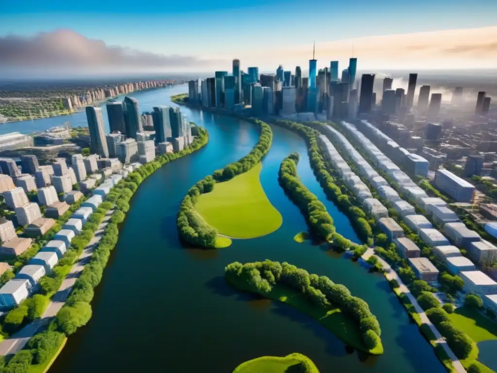 Inversión inmobiliaria internacional en Norteamérica: Vista aérea de una ciudad vibrante con rascacielos modernos y áreas verdes
