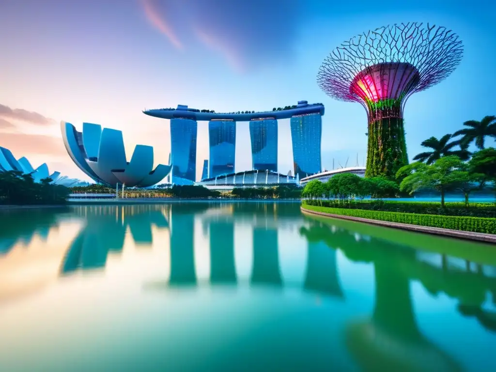 Esplendor nocturno: Singapur visto desde Marina Bay Sands Inversión inmobiliaria internacional en Asia: Vista panorámica de Singapur al anochecer con Marina Bay Sands y Supertree Grove iluminados