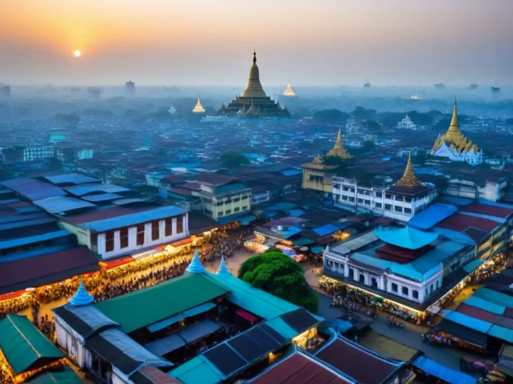 Cityscape vibrante de Yangon: arquitectura tradicional y moderna Inversión inmobiliaria en Laos y Myanmar: Vista aérea moderna de Yangon, mezcla de arquitectura tradicional y rascacielos contemporáneos