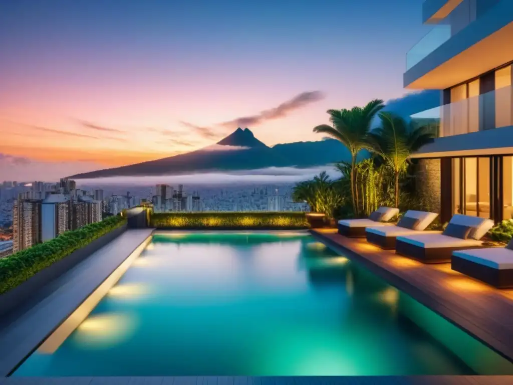 Condominio de lujo en metrópolis latina: atardecer opulento Inversión inmobiliaria América Latina: atardecer opulento en condominio moderno con vista a la ciudad vibrante