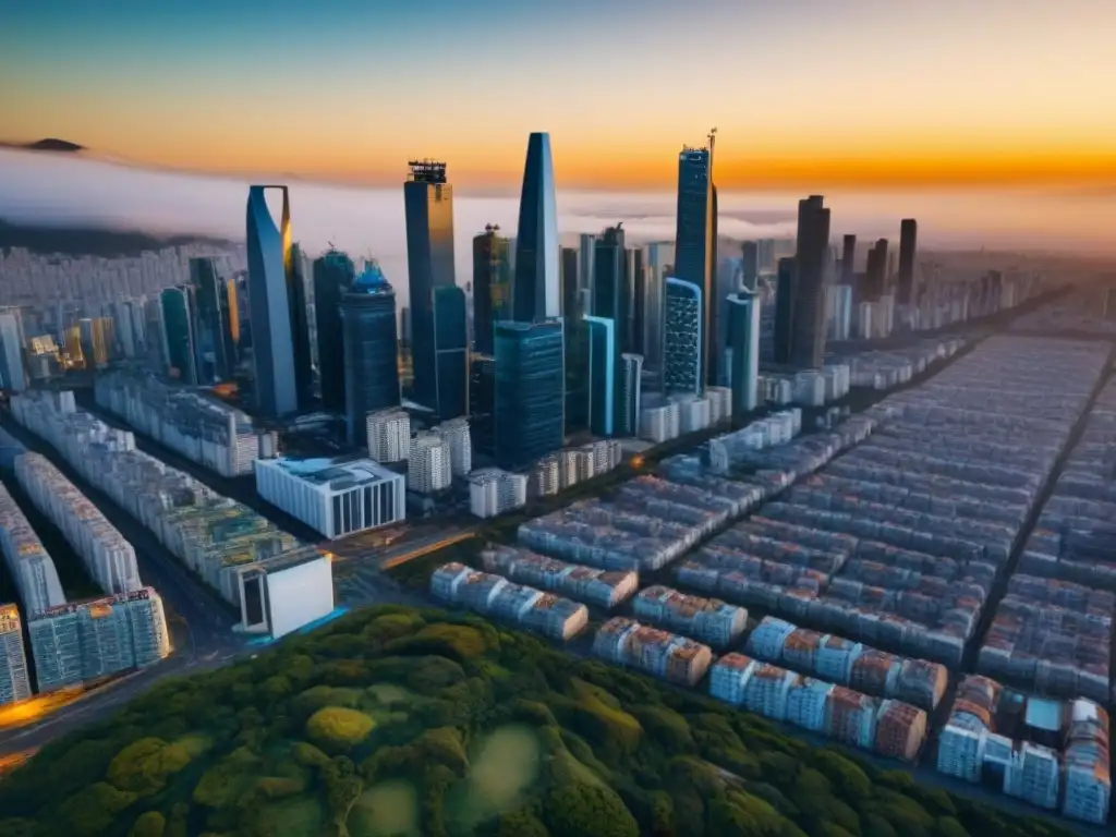 Horizonte futurista de una ciudad latinoamericana al atardecer Inversión inmobiliaria América Latina: skyline futurista con diseño innovador y sostenible, iluminado por cálido atardecer