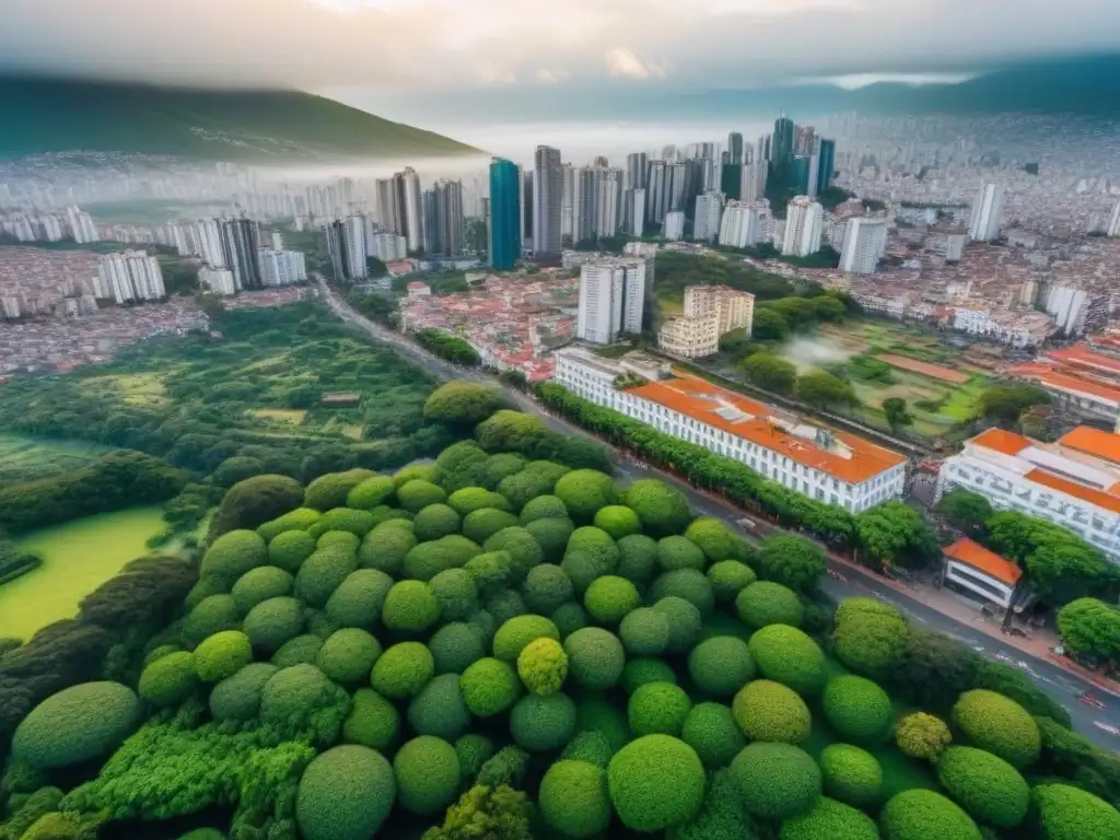 Panorama urbano vibrante en América Latina Inversión inmobiliaria en América Latina: Un paisaje urbano dinámico y diverso con rascacielos, calles bulliciosas y parques verdes