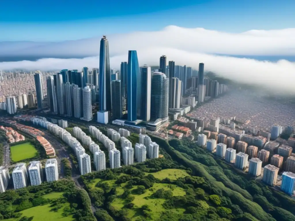 Prosperidad urbana: ciudad vibrante en Latinoamérica Inversión inmobiliaria América Latina supera: Vista aérea detallada de una ciudad bulliciosa con rascacielos modernos y zonas comerciales vibrantes