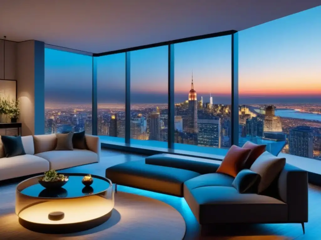 Penthouse de lujo con vista panorámica nocturna en la ciudad Inversión inmobiliaria de lujo: penthouse moderno con vista panorámica de la ciudad de noche, diseño elegante y sofisticado