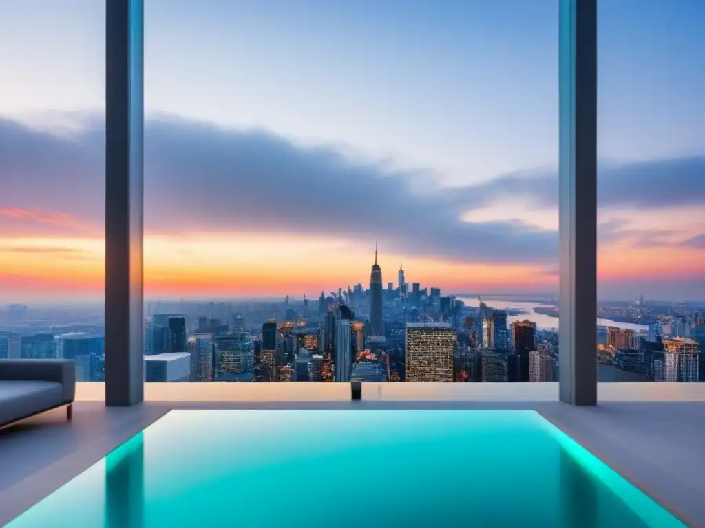 Penthouse de lujo con piscina infinita y vistas panorámicas al atardecer Inversión inmobiliaria de lujo: Penthouse de diseño contemporáneo con ventanales de piso a techo y piscina infinita privada al atardecer