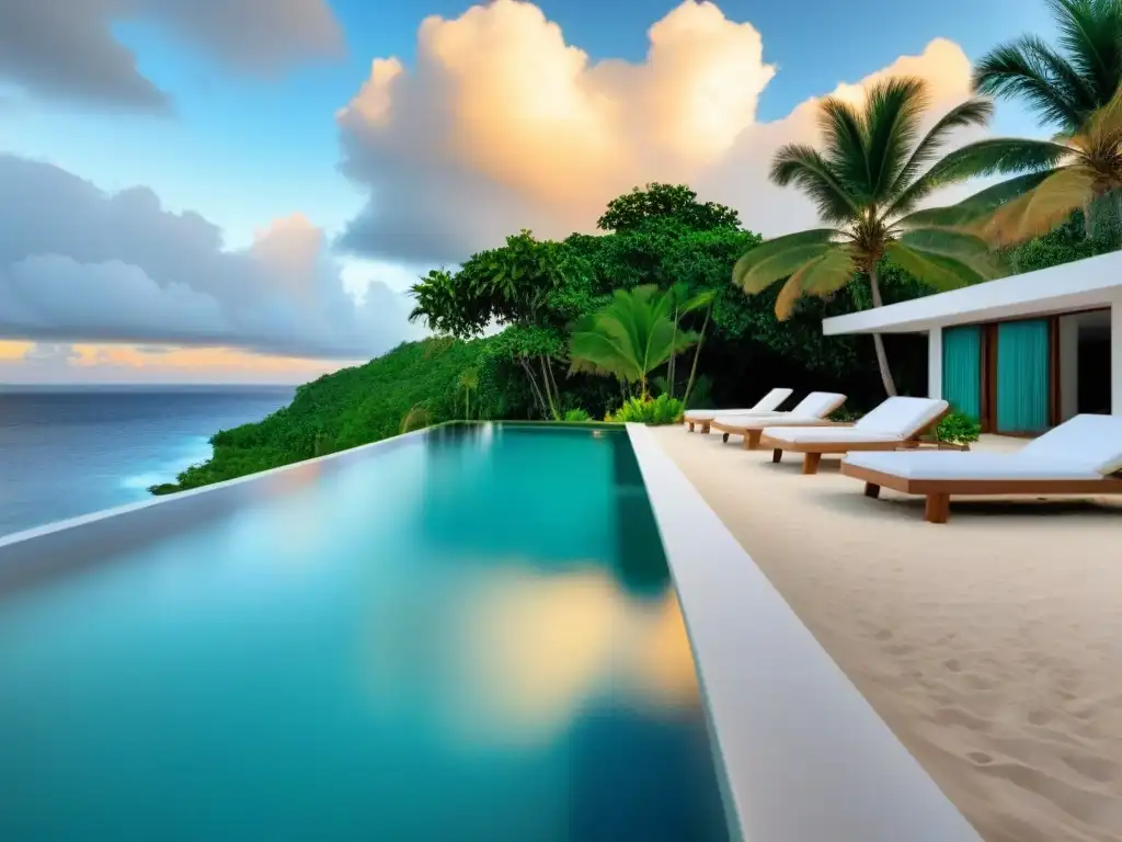Villa de lujo en el Caribe al atardecer: inversión exclusiva Inversión inmobiliaria en el Caribe: lujosa propiedad frente al mar al atardecer, con diseño moderno y exclusividad