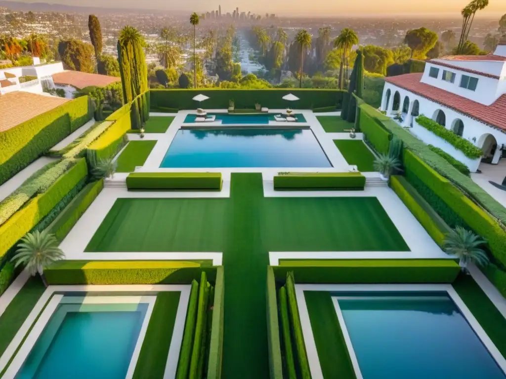 Exclusiva vista aérea de Beverly Hills al atardecer Inversión inmobiliaria en mansiones de Beverly Hills: atardecer de lujo con palmeras, mansions y piscinas