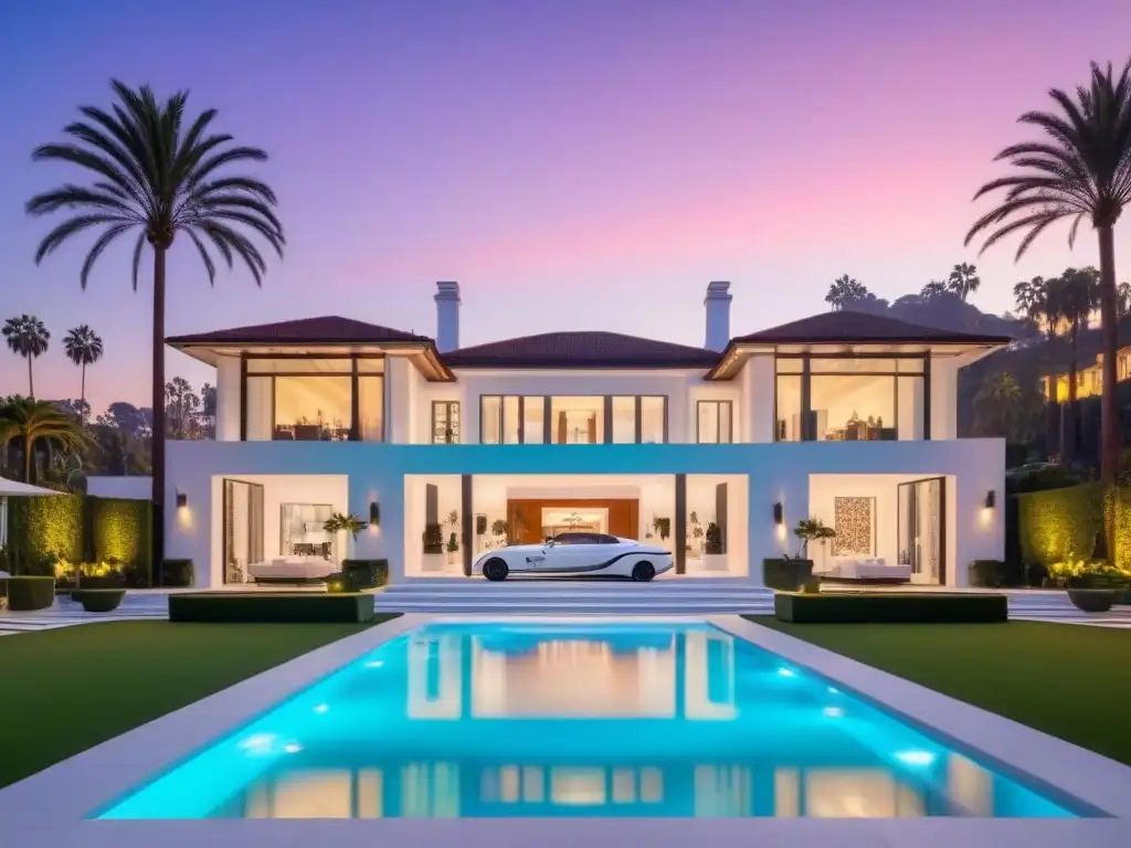 Residencia de lujo en Beverly Hills al atardecer Inversión inmobiliaria en mansiones Beverly Hills: mansión lujosa al atardecer con la icónica señal de Hollywood de fondo