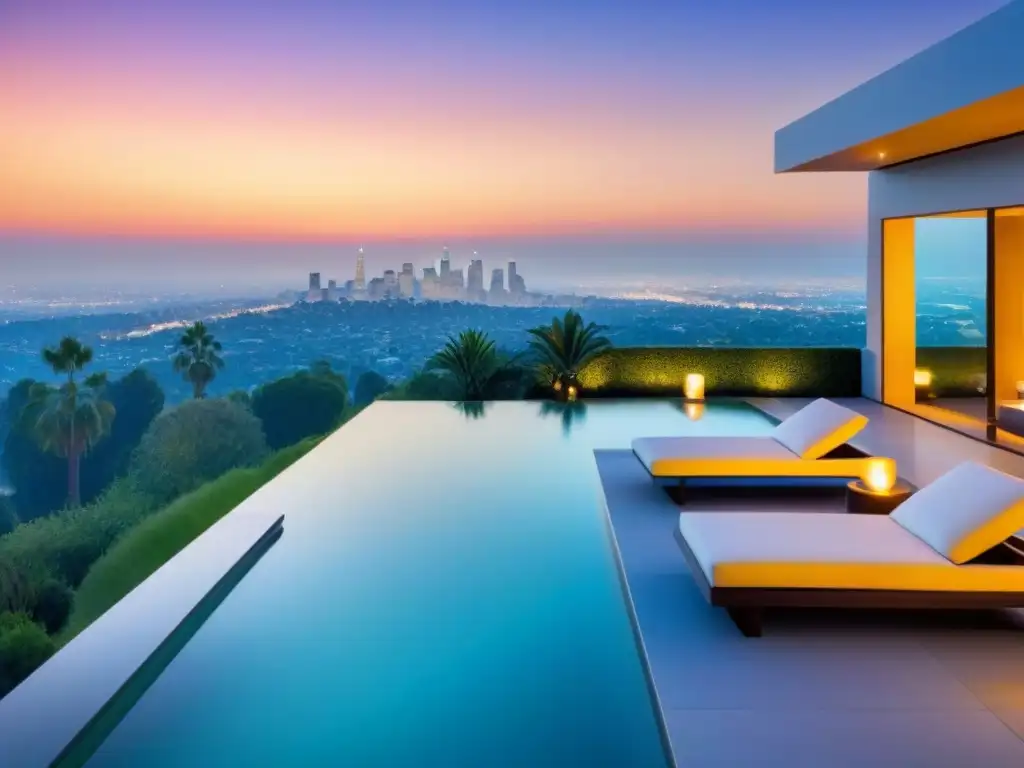 Mansión de lujo en Beverly Hills: diseño moderno, piscina infinita y atardecer dorado Inversión inmobiliaria mansiones Beverly Hills: Mansión moderna de lujo en colinas, piscina infinita y jardines exóticos al atardecer
