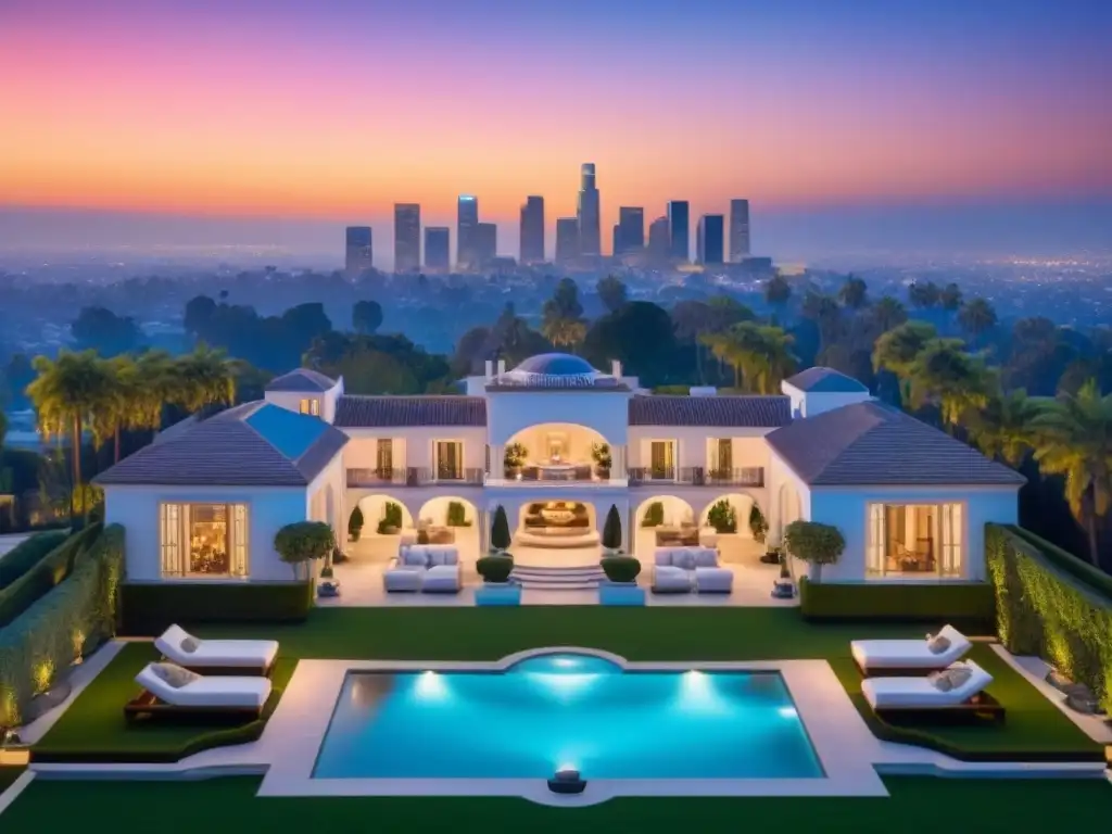 Esplendor en Beverly Hills: Mansiones de lujo al atardecer Inversión inmobiliaria mansiones Beverly Hills: Vista aérea al atardecer de lujosas mansiones y piscinas relucientes en Beverly Hills