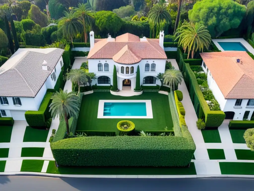 Mansiones de lujo en Beverly Hills: Exclusividad bajo el sol de California Inversión inmobiliaria en mansiones Beverly Hills: Vista aérea de lujosas mansiones con piscinas y jardines impecables bajo el sol de California