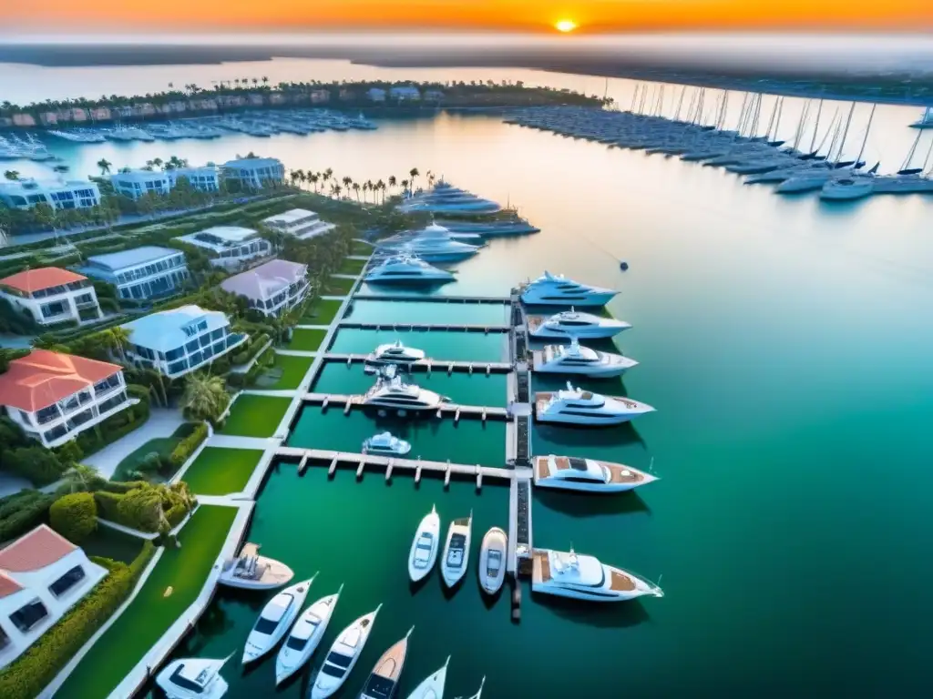 Marina de lujo al atardecer: yates, arquitectura moderna y exclusividad Inversión inmobiliaria en marinas de lujo: Sunset en marina exclusiva con yates, propiedades de lujo y aguas cristalinas