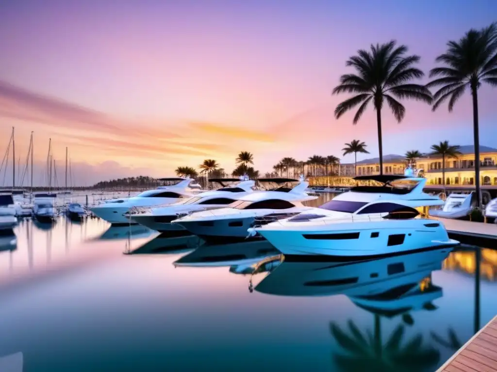 Marina de lujo al atardecer: yates, palmeras y exclusividad Inversión inmobiliaria en marinas de lujo: Atardecer en marina exclusiva con yates, palmeras y cielo anaranjado reflejado en el agua tranquila